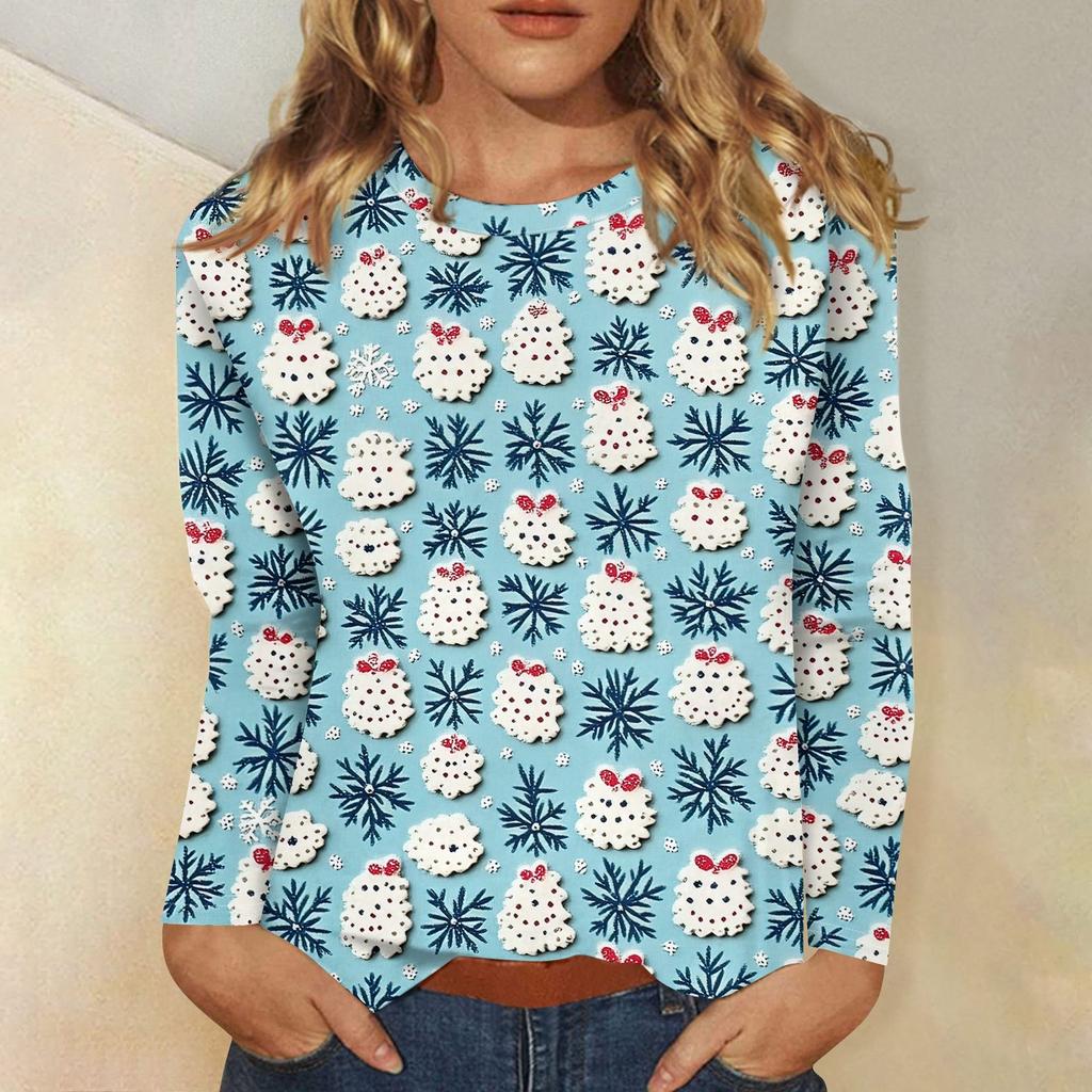 Женская мода повседневный рождественский принт круглый вырез длинный рукав пуловер топ