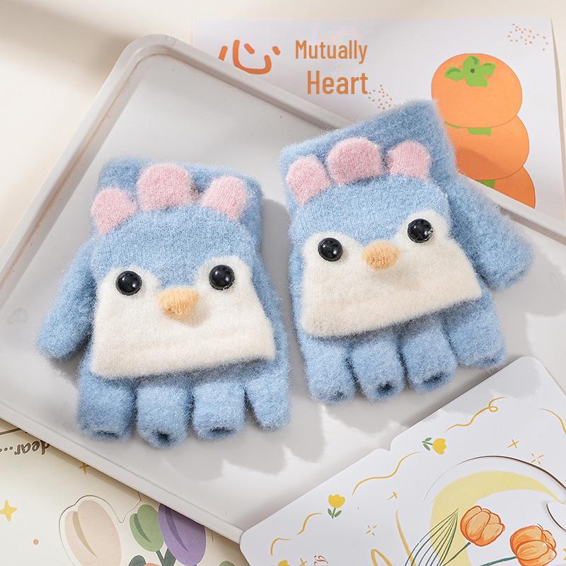 Милые детские перчатки-перевертыши с мультяшным принтом и бархатной подкладкой для тепла и защиты от холода — идеально подходят для письма осенью и зимой