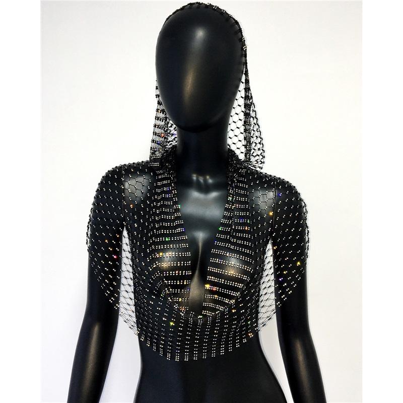 Sexy See Through Hollow Out Fishnet Hooded Tank Top Rave Party Nightclub Camisole 2025 New Women Shiny Rhinestone Mesh Crop Top