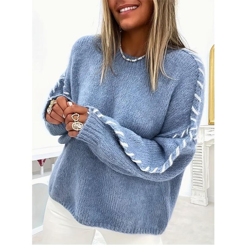 Women S Long Sleeve Solid Color Round Neck Pullover Knit Sweater