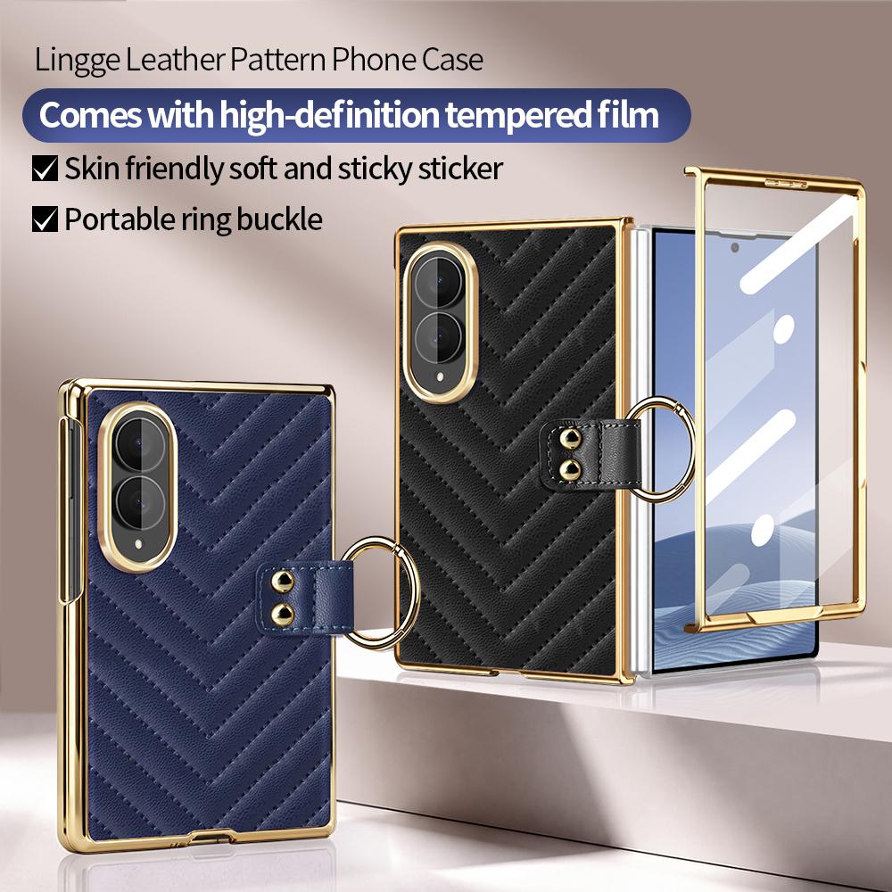Luxury PU Leather Phone Case for Samsung Galaxy Z Fold 8 Ultra 7/6/5/4/3 with Tempered Glass, Finger Ring -Z Fold 8 Ultra Design