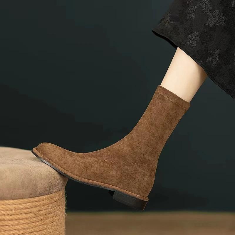 Suede Women's Slim Ankle Boots Fashionable Slip-On Women's Elegant Flat Heel Short Boots Casual Street Style Women's Boots