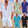 Men's Summer Casual Loose Two Piece Sets Beach Solid Cotton Linen Man Suit Short Sleeve Button Shirt and Shorts Office Outfits