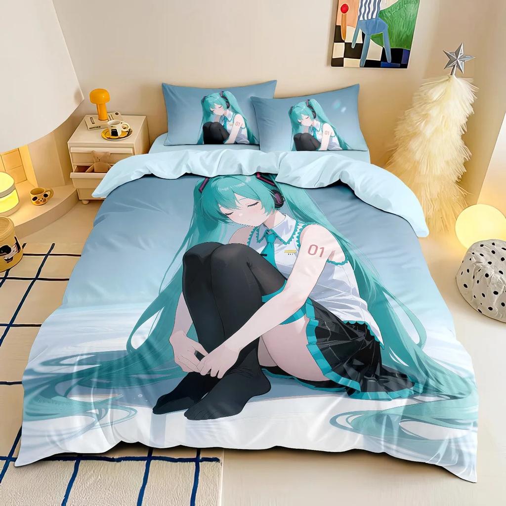 Anime H-Hatsune Miku Bedding Set Kawaii Girls Duvet Cover Set Single Twin Full Queen King Size for Kids Teens Bedroom Decor Gift