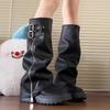 Punk Style Splicing Thick Bottom Women Knee-High Boots Fashion Zipper Female Pleated Knight Long Booties Shoes