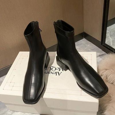 Ретро толстый каблук квадратный носок короткие ботинки женские осень и зима британский стиль ботинки челси тонкий бархат ботинки мартин тонкие ботинки