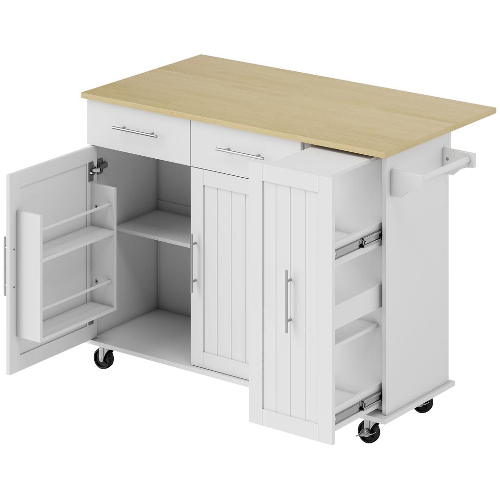 Island Central Kitchen With Foldable Tabletop Wheels 2 Drawers Soft Close Doors Towel Rack White