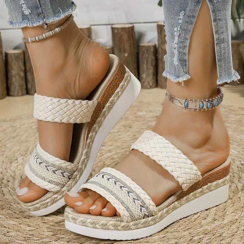 Fashion Fashion Weaving Wedge Heel Sandals for Women 2025 Summer Thick Sole Beach Slippers Woman Comfy Slip On Platform Sandalias Mujer