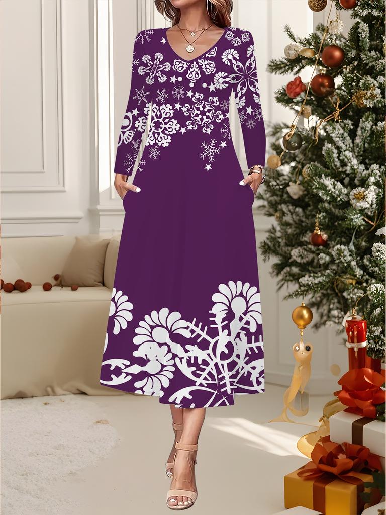2025 Осень и Зима Новое Женское Повседневное Модное Платье Принт 3D Снежинки Длинный Рукав V-образный Вырез А-силуэт Рождественский Подарок
