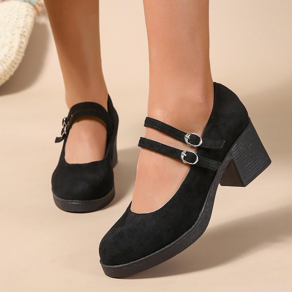 Spring and Autumn New Retro Black Small Leather Shoes Fashionable Suede One-word Buckle with Thick Heels Women's Shoes