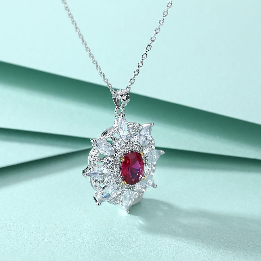 S925 Silver Ruby Natural Stone Zircon Pendant Sunflower Octagram Necklace Women's Premium Sterling Silver Clavicle Chain