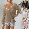 Women's V-neck Pullover Top Hollow Blouse Strappy Bow Outer Hand-crocheted Patchwork Loose Sweater