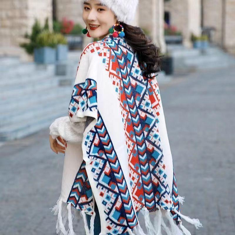 Свитер-плащ осенне-зимняя накидка для женской верхней одежды в полоску вязанной вязки