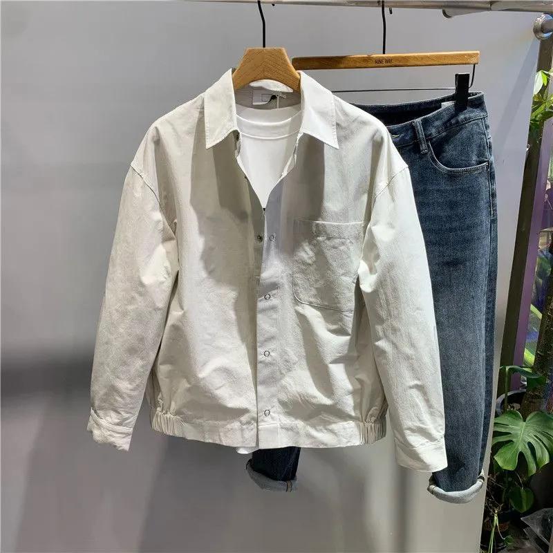 Мужская весенняя простая повседневная красивая рабочая рубашка однотонная свободная куртка с лацканами