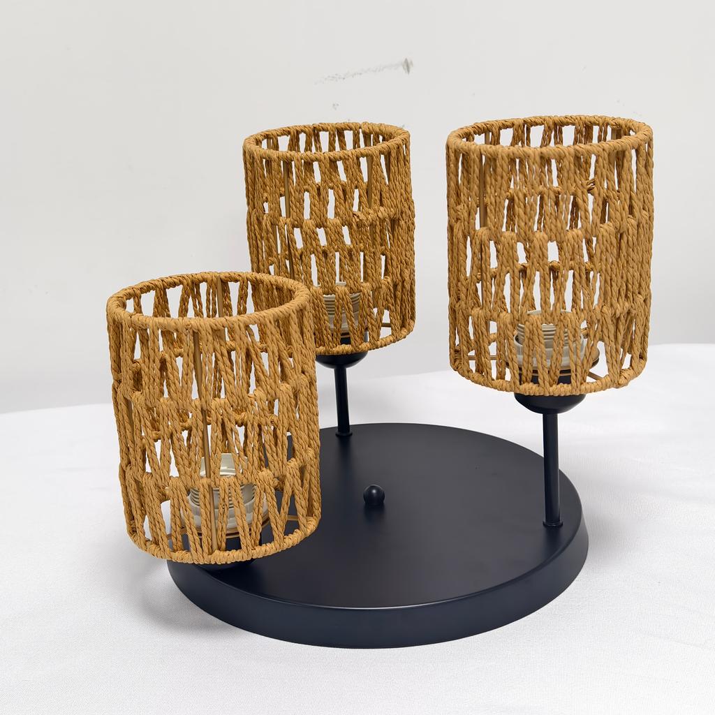 Boho Paper Rope 3-Light Ceiling Lamp Vintage Chandelier E27 Rustic Fixtures for Living Room Bedroom Dining Table Kitchen Hallway