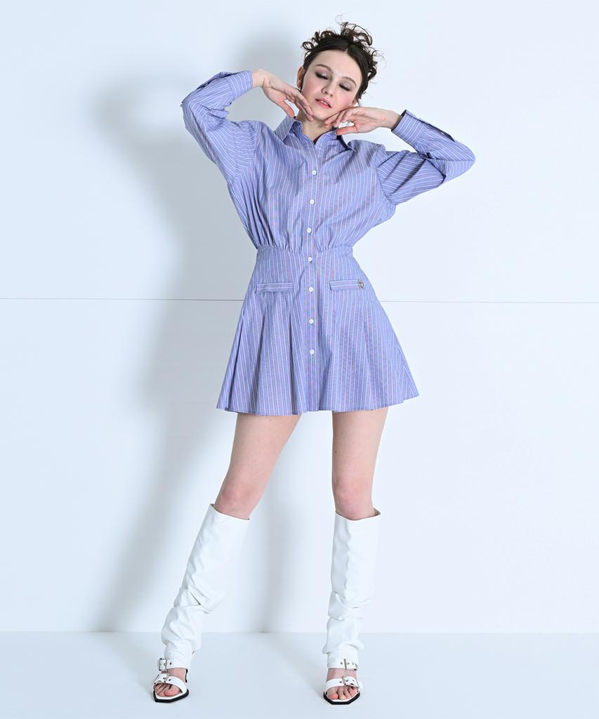 Make A Toast Open Collar Shirt Dress Stripe Mbdsop002St