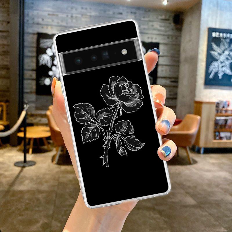 Черный чехол-накладка с цветочным принтом для Google Pixel 9 8 7 6 5 4 XL, противоударный силиконовый, 7A 6A 5A 4A 3A XL Pro 5G, прозрачный корпус, сумка