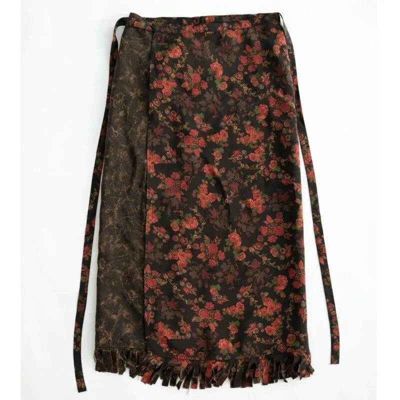 Johnature Women Chinese Style Bandage Skirts Print Floral Spring High Quality Women Vintage Tassels A-Line Skirts