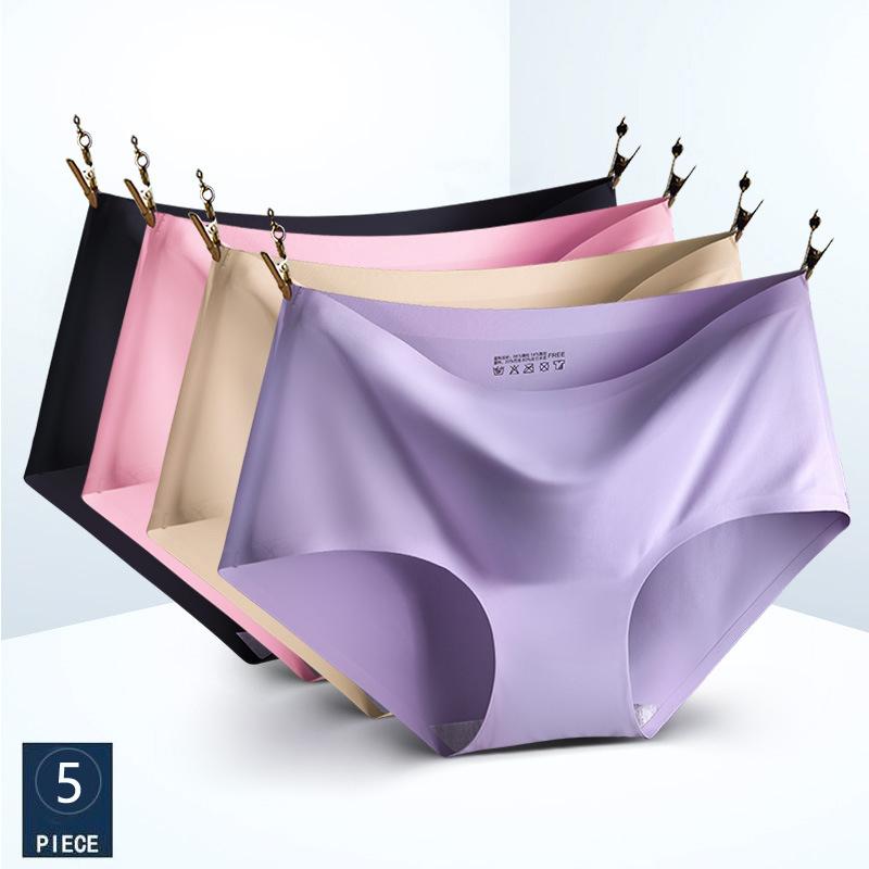 Большой размер M-XXXXL, женские бесшовные трусики из ледяного шелка, эластичные трусы со средней талией, нижнее белье, 5 шт.