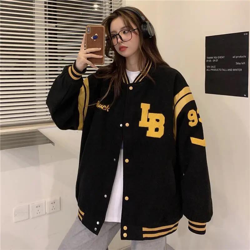 Baseball Jacket Women Vintage Korean Fashion Streetwear Autumn Aesthetic Bomber Black Jackets Oversized Heavy College