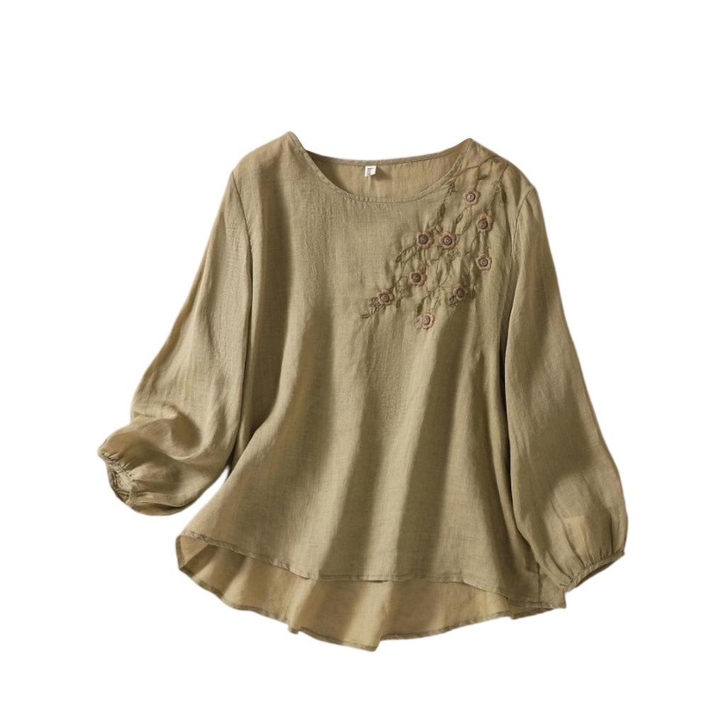 Женская однотонная хлопковая и льняная футболка с длинными рукавами и вышивкой в стиле ретро с дышащей тканью и круглым вырезом