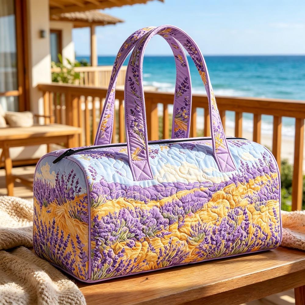 Quilted travel handbag Provence lavender field print weekend bag Bohemian 3D quilted leisure travel fitness bag scenic lavender field and sky graphic