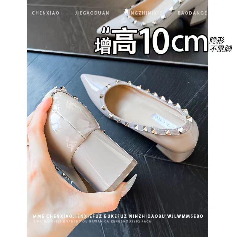 Мода Внутри Увеличенные Заклепки 2025 Осень Новые Высокие Каблуки Неглубокий Блочный Каблук Одиночная Обувь для Женщин