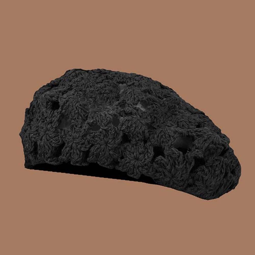 Linen Hollowed Out Beret Hat Cotton Spring Crochet Knitted Cap Lace Hollow Flower Hat  Beach