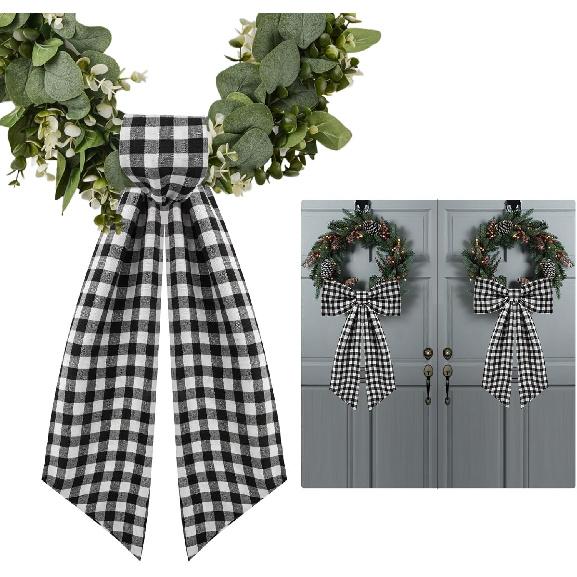 2 Pack Wreath Sash for Front Door Boxwood Wreath Sash Garland Front Door Porch Decor(White and Black Plaid)