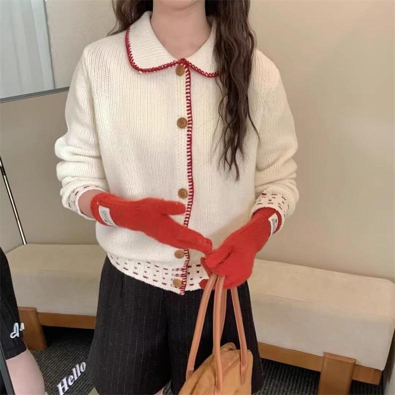 Женский кардиган в корейском милом стиле с цветными блоками - отложной воротник, приталенный, однобортный вязаный свитер на весну/осень