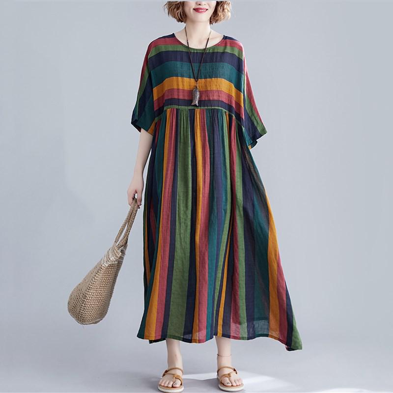 Cotton Plus Size Vintage Women Casual Loose Long Summer Dress