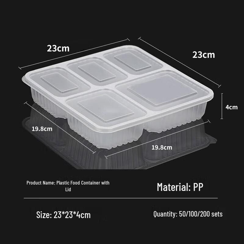 Fangcaodi Disposable 5-Compartment Square Plastic Lunch Box with Lids, 200 Sets