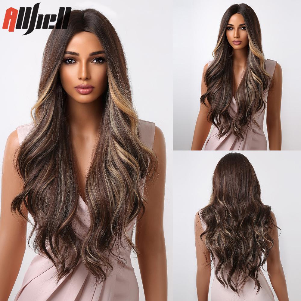 Длинные черные парики из синтетических волос со светлыми челками, естественная волна для женщин, костюм для косплея на Хэллоуин, парик, термостойкий для вечеринок