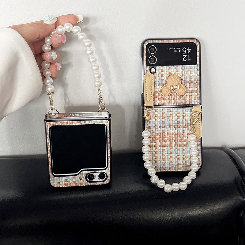 Suitable for Samsung Zflip5 Mobile Phone Case Woven Mickey Mouse Bear Huawei P50 Folding Screen Flip Cover Hand Chain