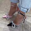 New Fashion Glitter Rhinestones Women Pumps Crystal Bowknot Silk Pointed Toe Buckle Strap Thin High Heels Party Prom Shoes