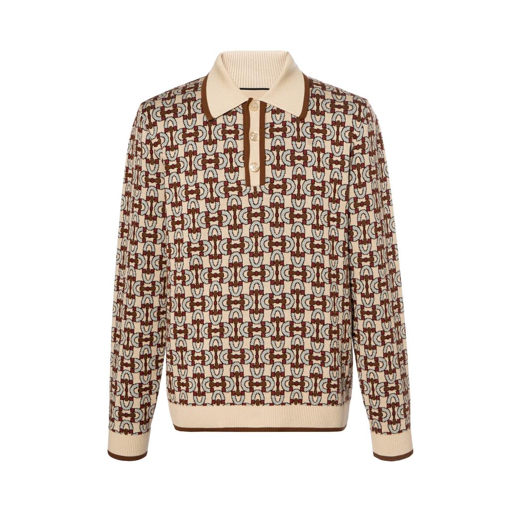 Gucci Жаккардовая рубашка-поло с длинным рукавом и пряжкой-лошадь 753432-XKDFO-9134