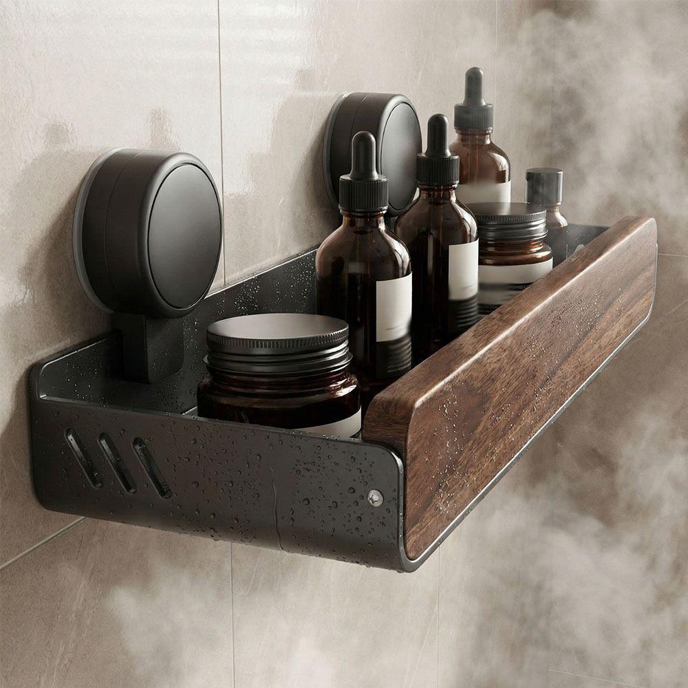 Walnut Finish Bathroom Shelf Strong Grip Bathroom Storage Rack Wall Mounted Organizer Vanity