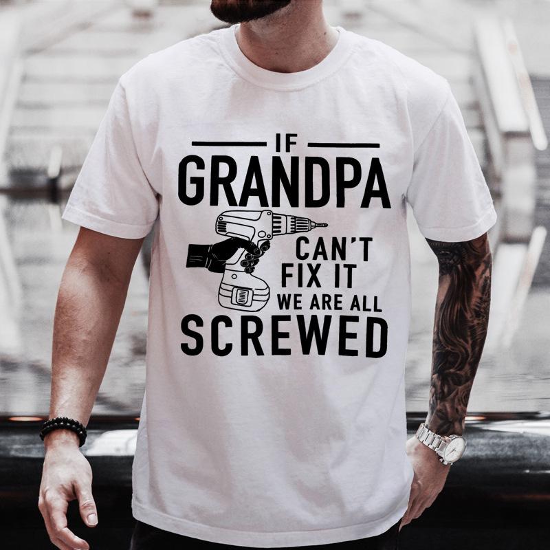 Men Crew Neck Grandpa Drill Funny Text Print Short Sleeve Cotton Tee Casual Summer Streetwear L