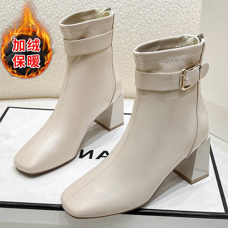 Горячие продажи однотонные универсальные зимние женские ботильоны с квадратным носком на молнии женские элегантные короткие сапоги на толстом высоком каблуке