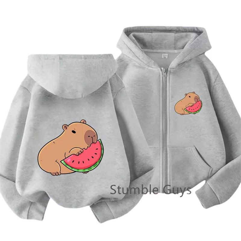 Kids Yellow Zip Up Hoodie Cartoon Capybara Eating Watermelon Print Loose Long Sleeve Outerwear