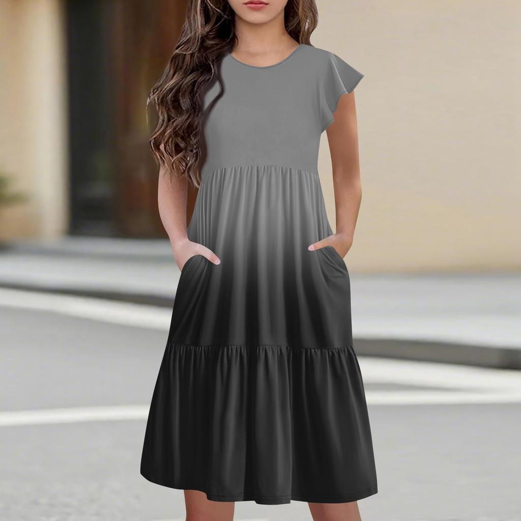 Детская юбка с круглым вырезом, плиссированная, с коротким рукавом, юбка принцессы, модное повседневное платье с карманами для девочек