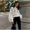 High Neck Stereo Flower Shirt Lace Hollow Out Top Perspective Organza Long Sleeved Trendy French Blouse Smock Women