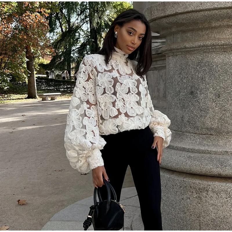 High Neck Stereo Flower Shirt Lace Hollow Out Top Perspective Organza Long Sleeved Trendy French Blouse Smock Women