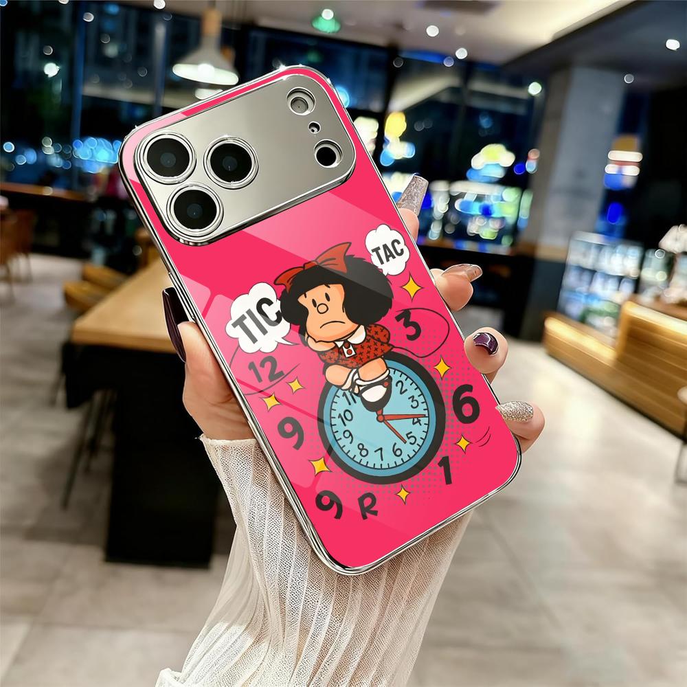 Cute M-Mafalda Phone Case For iPhone 17 16 15 14 13 12 Pro Max Plus Electroplated Metal Shockproof Bumper Case Glass Back