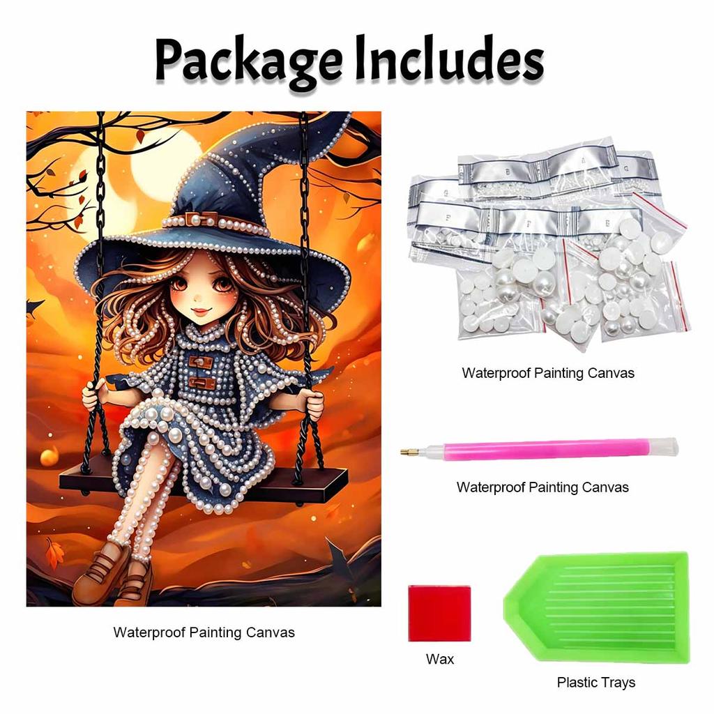 Halloween pearl painting art full pearl handmade diy home decorations witch swinging on moon night scene for autumn wall decor