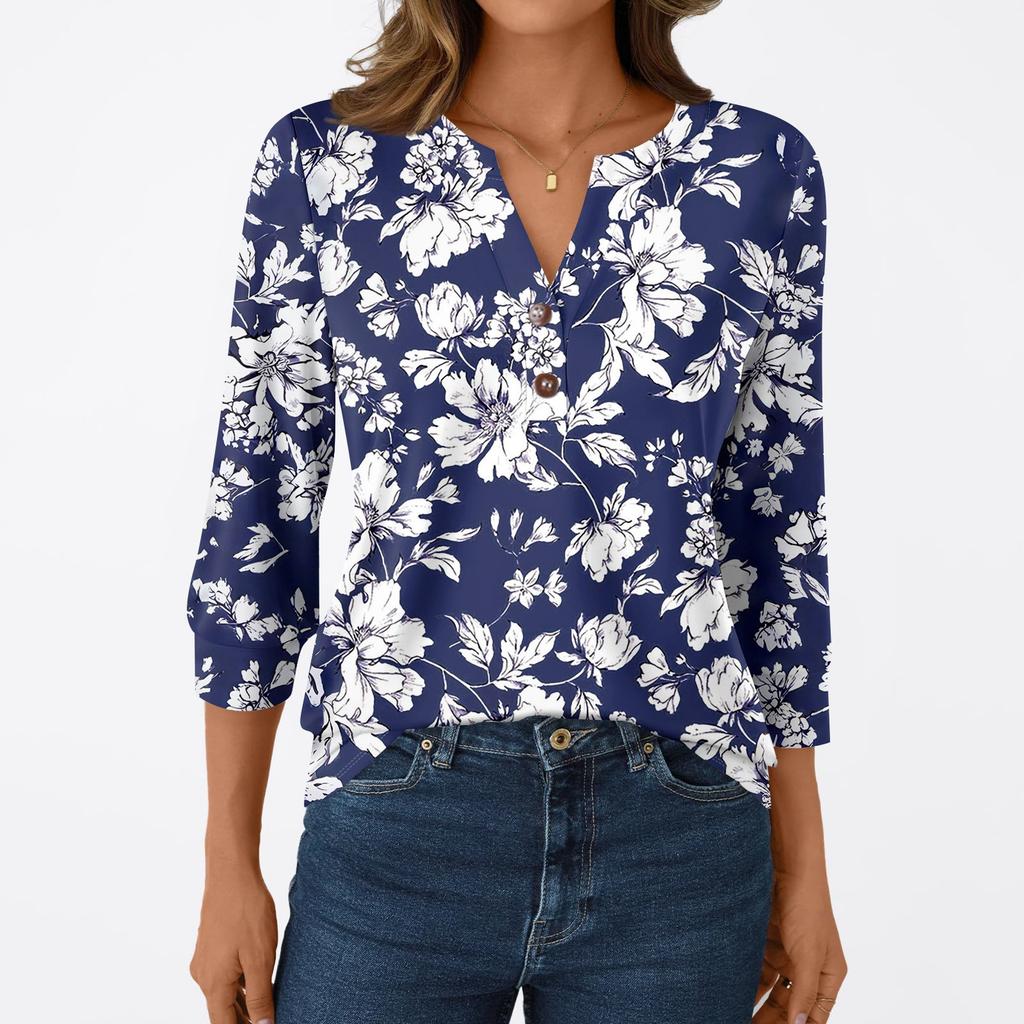 Женская модная повседневная футболка с рукавом 3/4, с принтами, V-образным вырезом и пуговицами