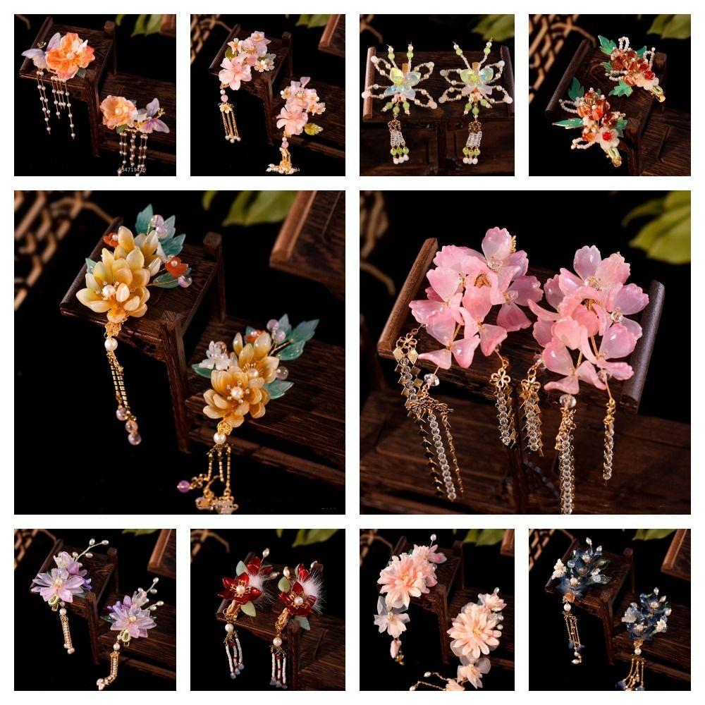 Tassel Floral Hair Stick Pearl Flower Hair Comb Elegant Tang Dynasty Hairpin Jewelry