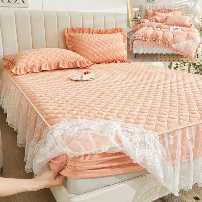 Однотонная клетчатая кружевная вышитая юбка-кровать, утолщенная стеганая пылезащитная наволочка, моющиеся нескользящие простыни, постельные принадлежности