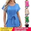 Европейская и американская мода Весенняя и летняя повседневная рубашка с оборками и круглым вырезом Женский топ с короткими рукавами