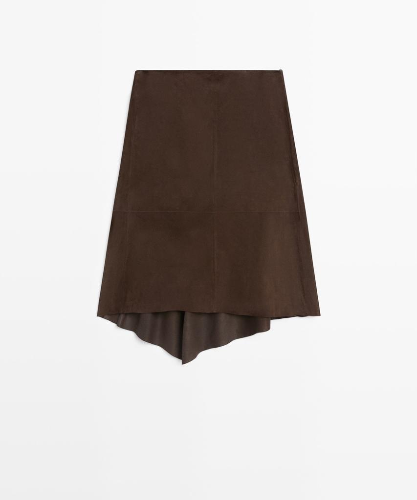 Masimodutti Suede Leather Ruffle Detail Midi Skirt